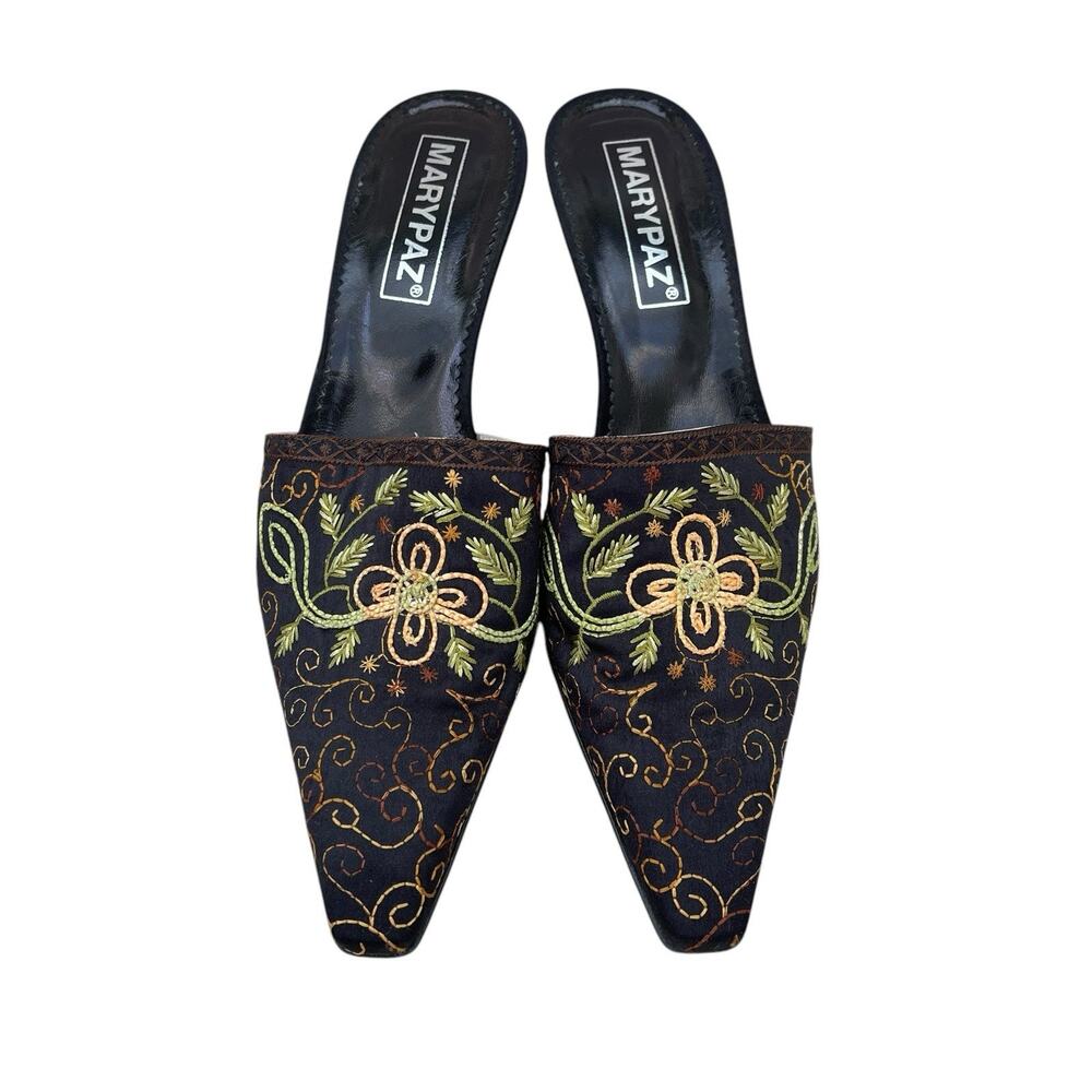 Y2K Mary Paz Embroidered Black Satin Mules Pointed Toes Size 7.5